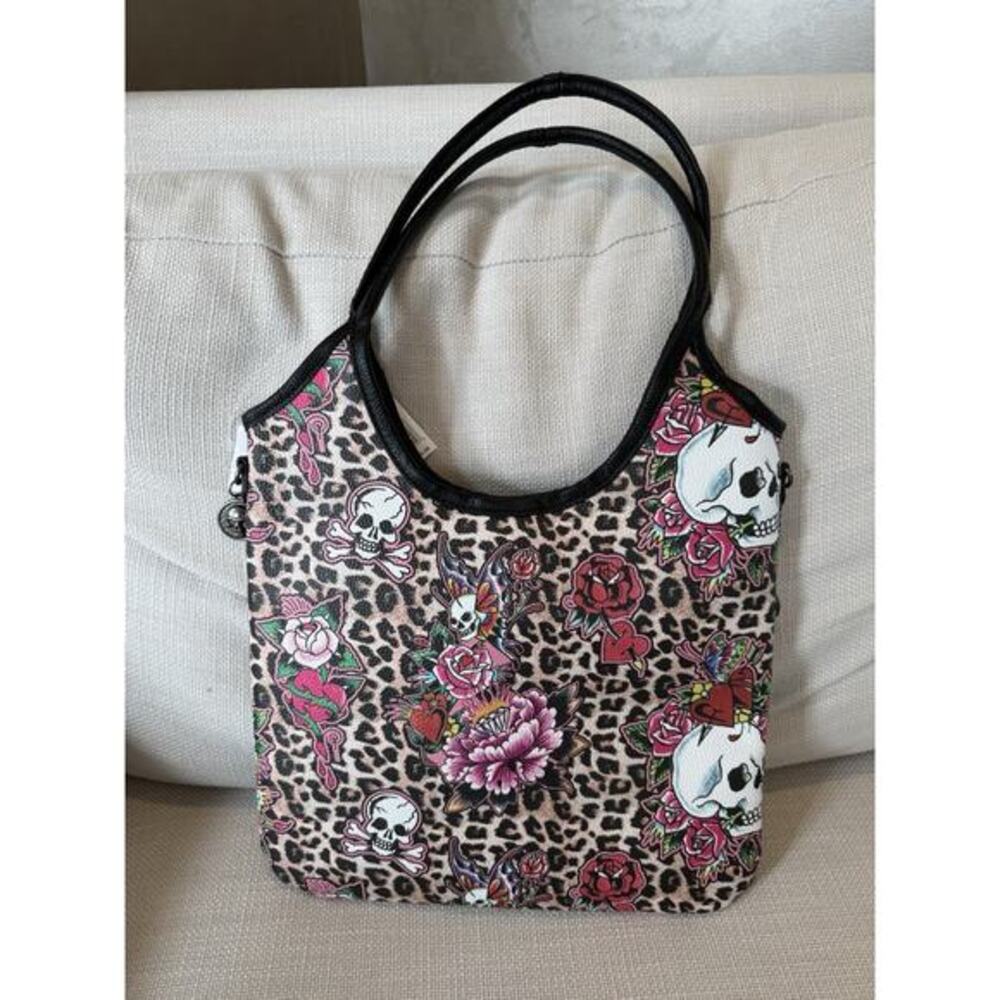 Ed Hardy Women's Large Black Pink Roses Pink‎ Leopard Tote Shoulder Bag